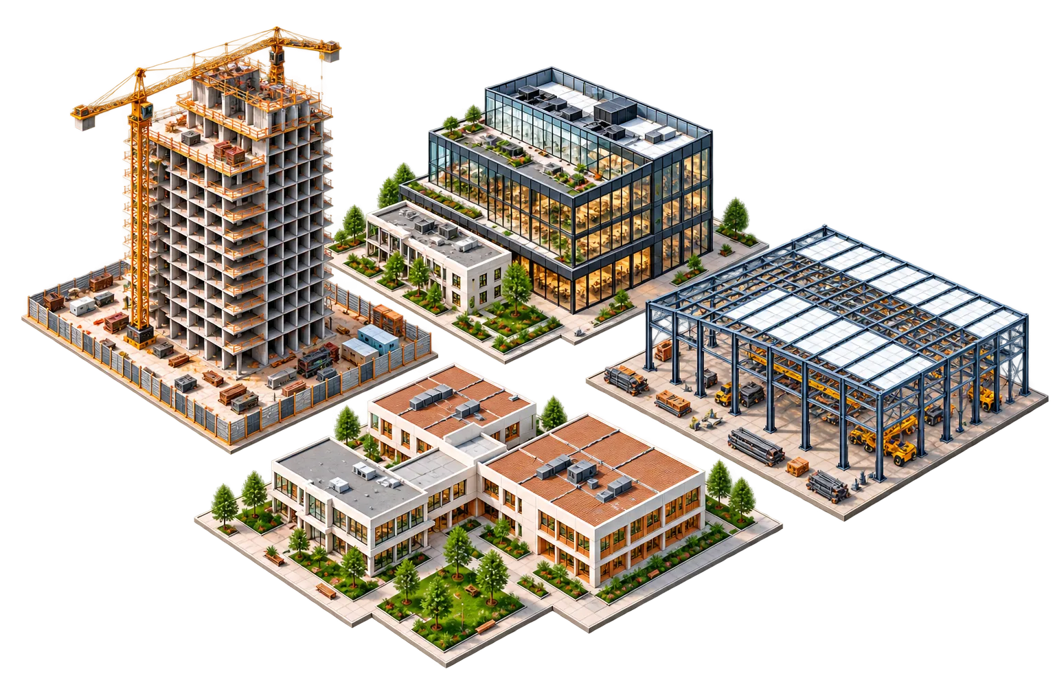 Ilustración de cuatro obras: edificio multifamiliar con grúa, edificio comercial de vidrio, estructura industrial de acero y colegio
